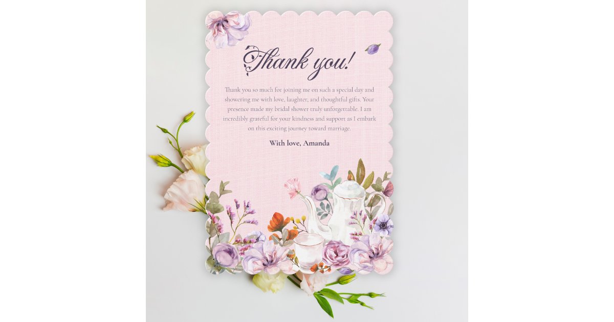 Tea Party Pink Watercolor Flowers Bridal Shower Thank You Card | Zazzle