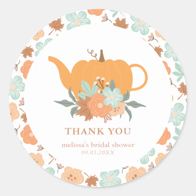 Tea Party Pumpkin Bridal Shower Thank You Classic Round Sticker | Zazzle
