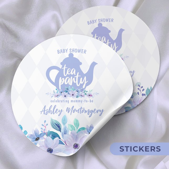 Tea Party Purple Watercolor Baby Shower Classic Round Sticker (Creator Uploaded)