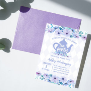 Tea Party Purple Watercolor Baby Shower Invitation