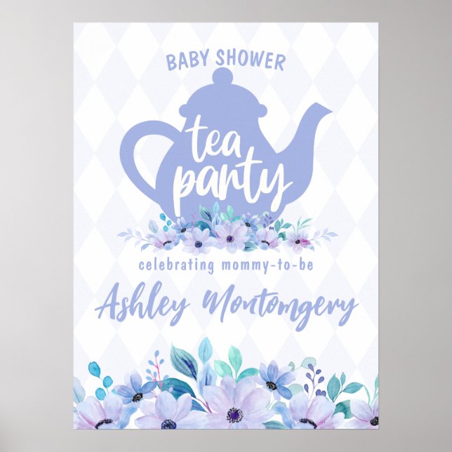 Tea Party Purple Watercolor Baby Shower Poster (Front)