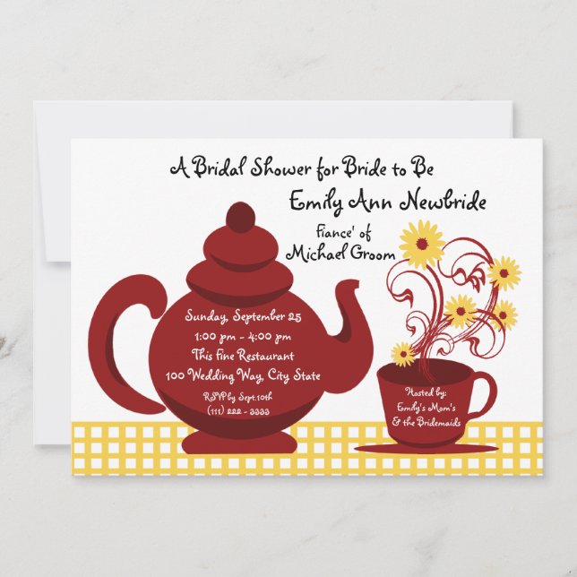 Tea Party Red and Yellow Bridal Shower Invitation (Front)