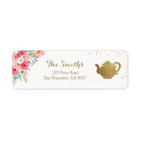 Tea party Return Address Label Teapot gold Floral