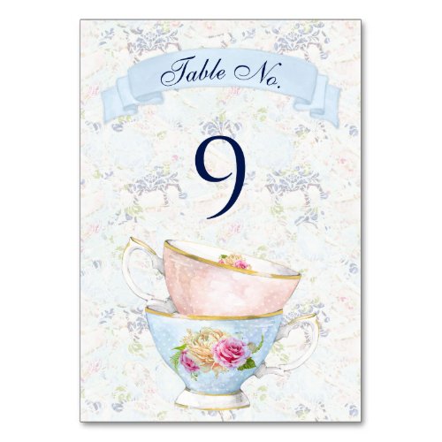 Tea Party Roses Teacups Blue White Pink Yellow Table Number