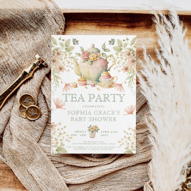 Tea Party Sage Green & Pink Floral Baby Shower Invitation (Creator Uploaded)
