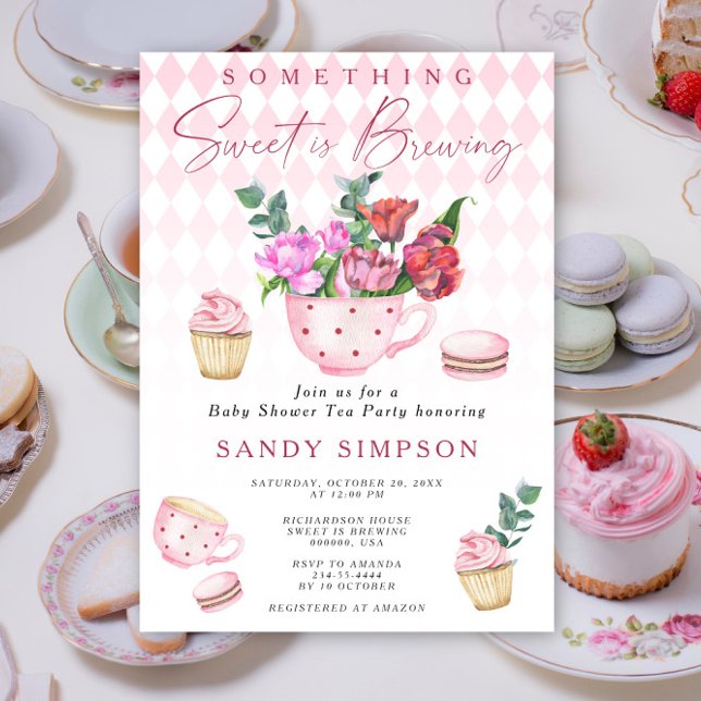 Tea Party Something Sweet is Brewing Baby Shower Invitation (Creator Uploaded)