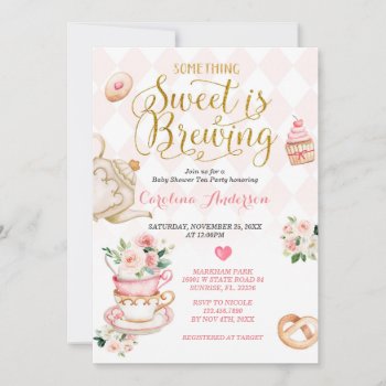Tea Party Something Sweet Is Brewing Baby Shower Invitation by HappyPartyStudio at Zazzle
