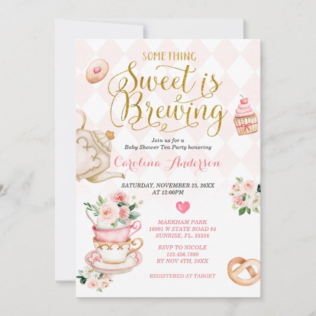  Tea Party Something Sweet is Brewing Baby Shower Invitation (Front)