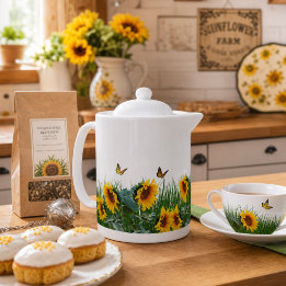 Tea Party Sunflowers and Butterflies Floral  Teapot