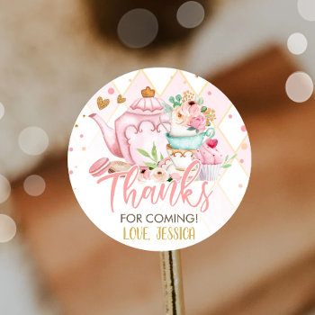 Tea Party Tea For Two Pink Floral Brewing Birthday Classic Round Sticker by Anietillustration at Zazzle