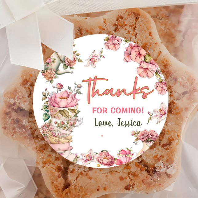 Tea Party Tea for Two Pink Floral Brewing Birthday Classic Round Sticker (Creator Uploaded)