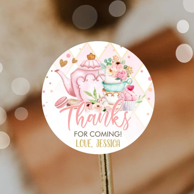 Tea Party Tea for Two Pink Floral Brewing Birthday Classic Round Sticker (Creator Uploaded)