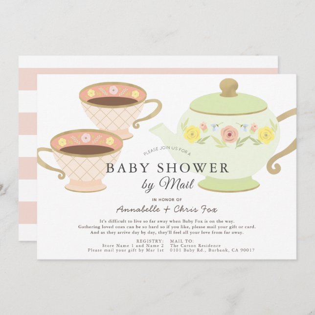 Tea Party Tea Pot & Cups Baby Shower by Mail Invitation (Front/Back)