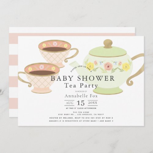 Tea Party Tea Pot  Cups Baby Shower Invitation