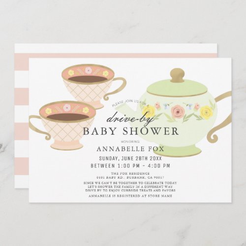 Tea Party Tea Pot  Cups Drive_by  Baby Shower Invitation
