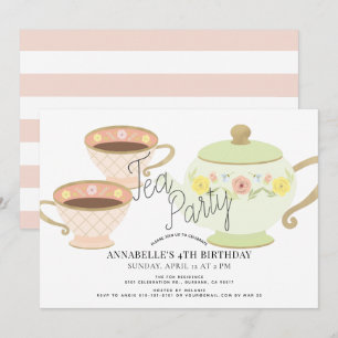 Tea Party Tea Pot & Cups Girl Birthday Invitation