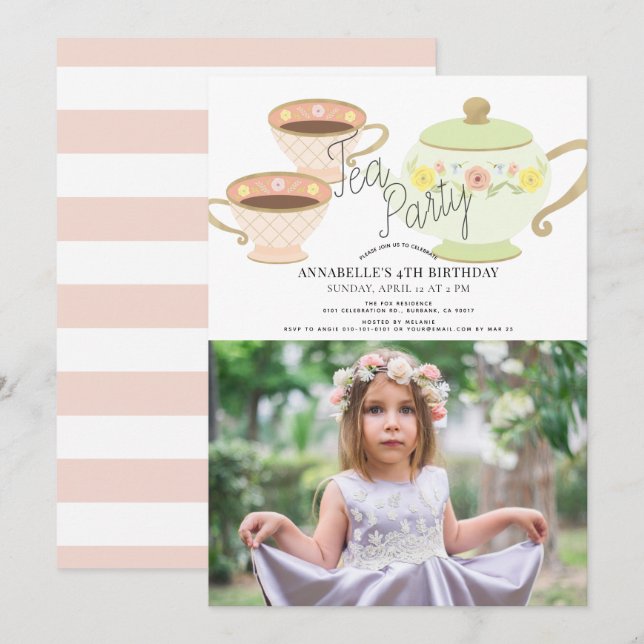 Tea Party Tea Pot & Cups Girl Birthday Photo Invitation (Front/Back)