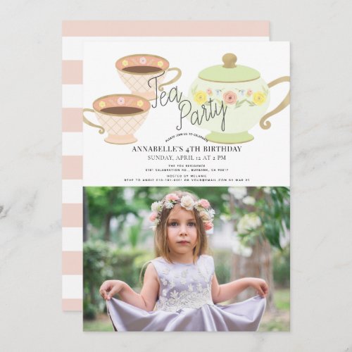 Tea Party Tea Pot  Cups Girl Birthday Photo Invitation