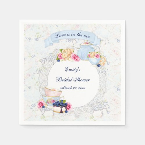 Tea Party Teacups Teapot Blue White Pink Lace Napkins