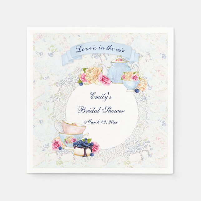 Tea Party Teacups Teapot Blue White Pink Lace Napkins (Front)