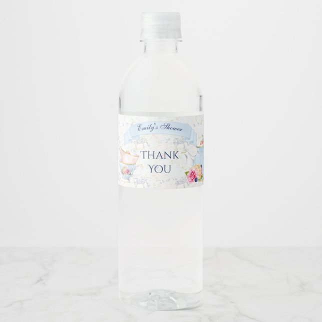 Tea Party Teacups Teapot Blue White Pink Water Bottle Label (Front)