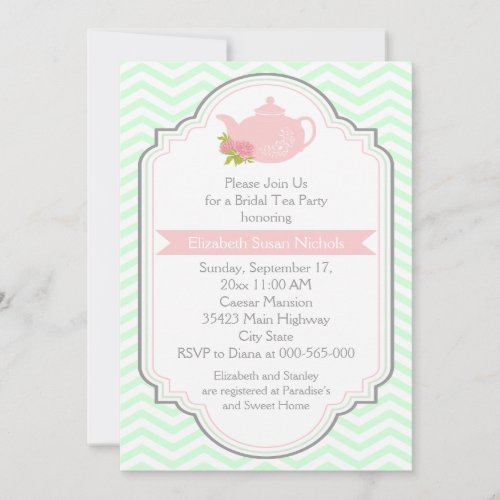Tea party teapot, chevron pink mint bridal shower invitation