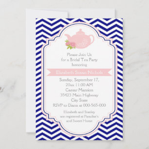 Tea party teapot, chevron pink navy bridal shower invitation