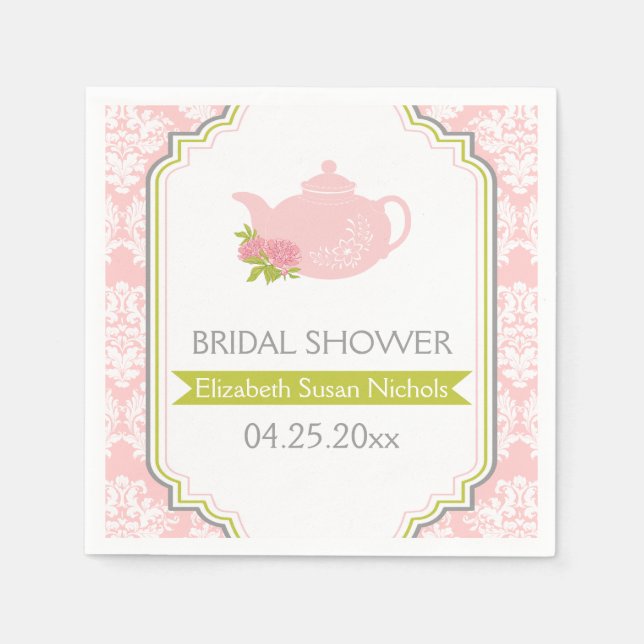 Tea party teapot, damask pink, green wedding napkins (Front)