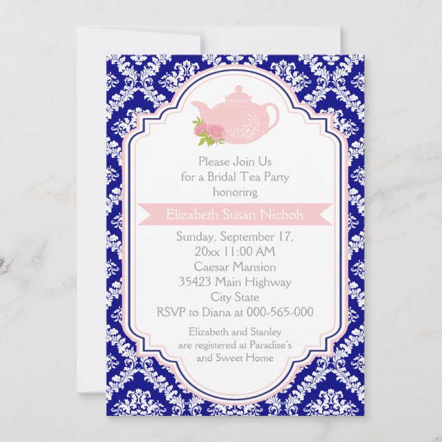Tea party teapot, damask pink navy bridal shower invitation (Front)
