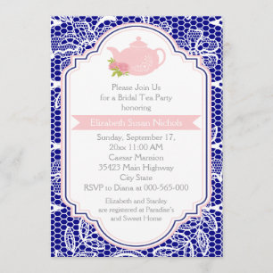 Tea party teapot, lace pink, navy bridal shower invitation