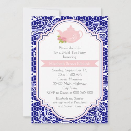 Tea party teapot, lace pink, navy bridal shower invitations