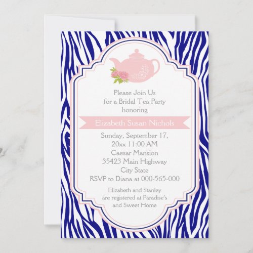 Tea party teapot, navy zebra print bridal shower custom invitation