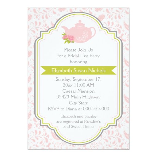 Tea party teapot, paisley pink green bridal shower card | Zazzle