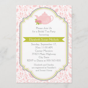 Tea party teapot, paisley pink green bridal shower invitation