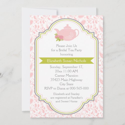 Tea party teapot, paisley pink green bridal shower invites