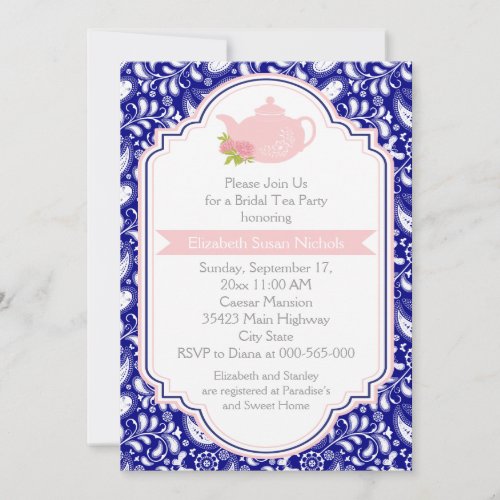 Tea party teapot, paisley pink navyt bridal shower invites