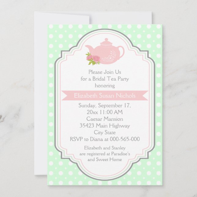 Tea party teapot polka dot pink bridal shower invitation (Front)