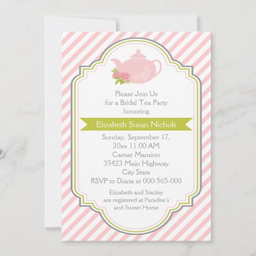 Tea party teapot, stripes pink green bridal shower custom announcements