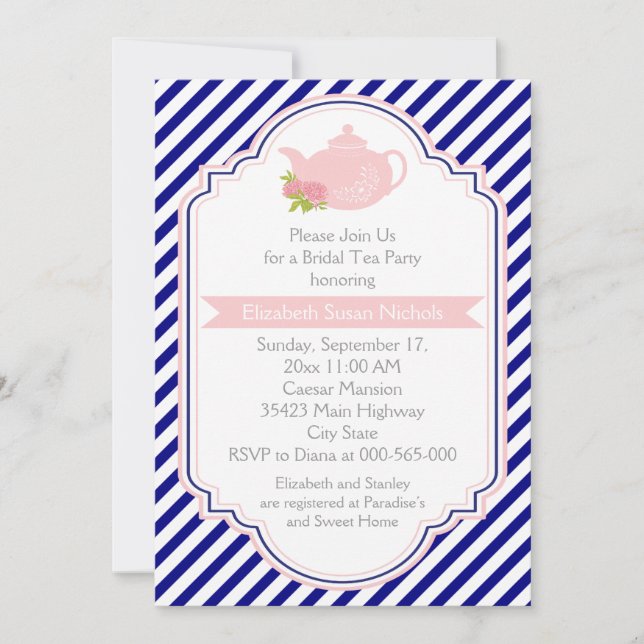Tea party teapot, stripes pink navy bridal shower invitation (Front)