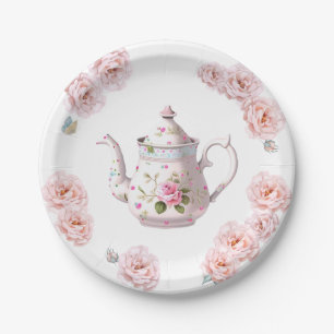Tea Party Teapot Teacups Pink Rose Flower Paper Plates