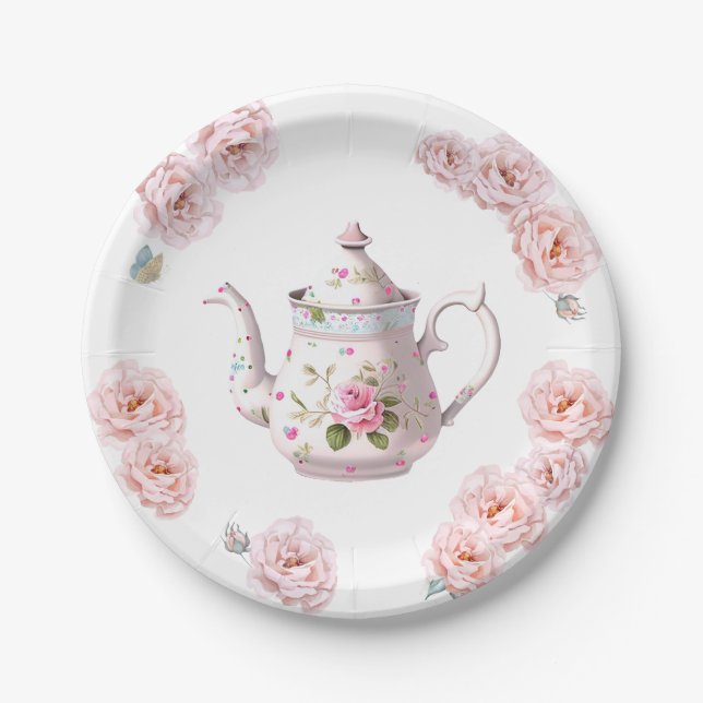 Tea Party Teapot Teacups Pink Rose Flower Paper Plates (Front)