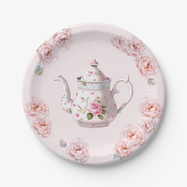 Tea Party Teapot Teacups Pink Rose Flower Paper Plates (Front)
