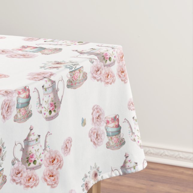 Tea Party Teapot Teacups Pink Rose Flower Tablecloth (In Situ)