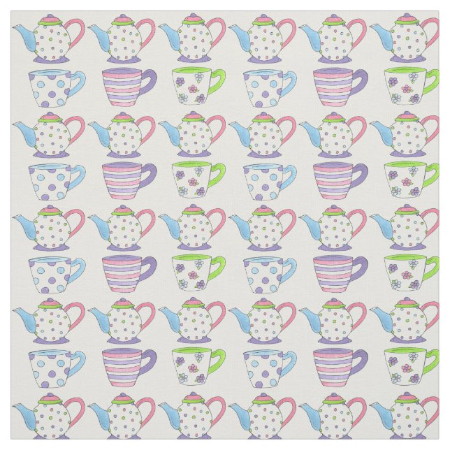 Tea Party Time Pastel Teacups Cups Teapots Print Fabric (Swatch)