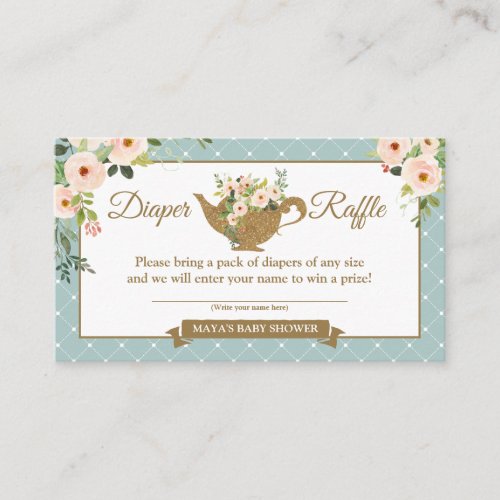 Tea Party Turquoise Floral Diaper Raffle Ticket Enclosure Card