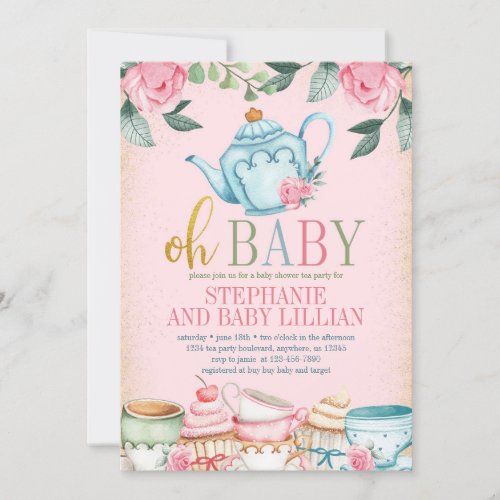 Tea Party Watercolor Floral Baby Shower Invitation