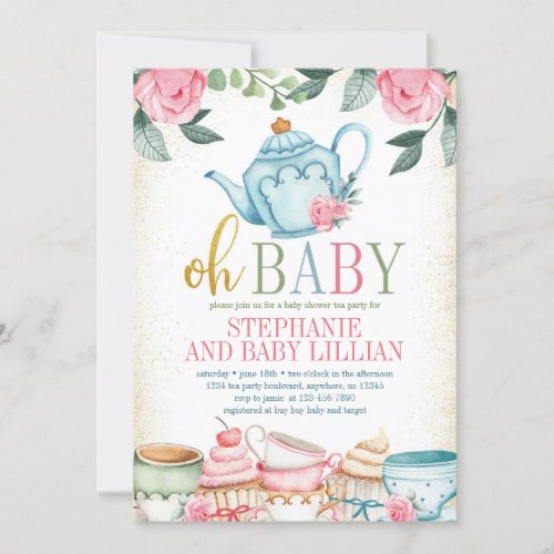 Tea Party Watercolor Floral Baby Shower Invitation