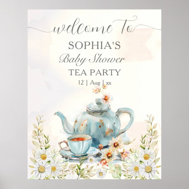 Tea Party Watercolor Teapot Boy Baby Shower Poster (Front)
