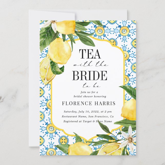 Tea Party Yellow Lemon Mediterranean Bridal Shower Invitation (Front)