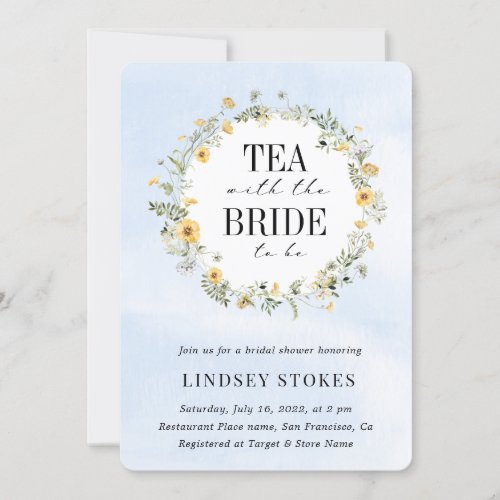 Tea Party Yellow Wildflowers Blue Bridal Shower Invitation